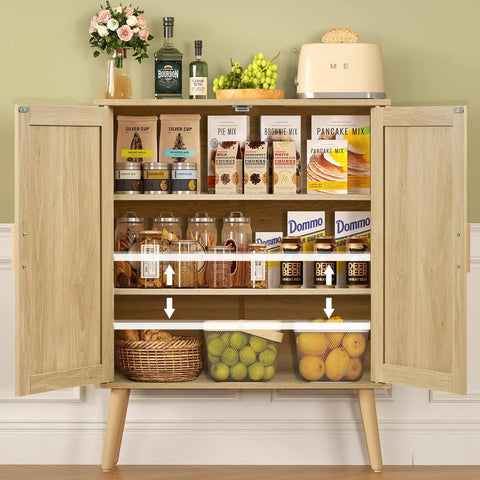 Rattan Style Storage Cabinet With Two Doors And Adjustable Shelves Deep Sideboard For Living Room Dining Room Or Entryway Natural Finish Built For Real Life Organization For Microwave Oven Coffee Maker And Everyday Go To Use