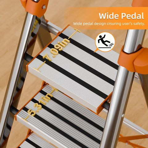 8 Step Folding Ladder With Wide Anti Slip Pedal Built Tough Steel Step Stool With D Shaped Frame Convenient Handrail Lightweight Yet Durable Portable For Home Kitchen Garage 200 Lb Load Capacity wide pedal close-up
