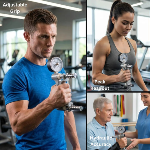 Professional Grade Hand Grip Dynamometer And Strength Tester For Rehab, Therapy And Fitness Training, with adjustable grip and hydraulic readout