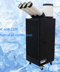 Heavy Duty Outdoor Industrial Air Conditioner Featuring Extendable Exhaust Hose For Shops And Warehouses Pumping Out Serious Chill Throughout The Summer Season In Sleek Black Finish, showing front view with three exhaust outlets.