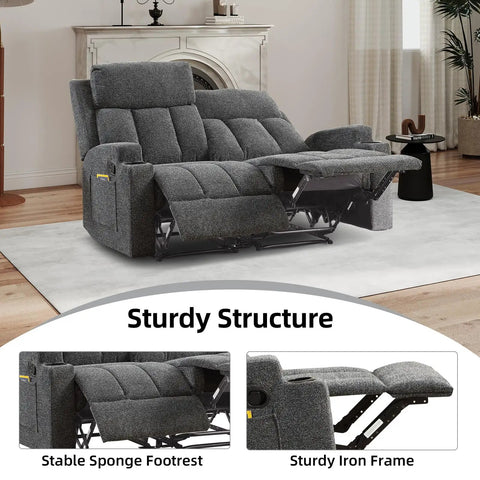 Two Seat Manual Recliner Sofa Set With Cozy Fabric Comfort, Built In Side Pockets And Cup Holders, Home Theater Vibe Couch