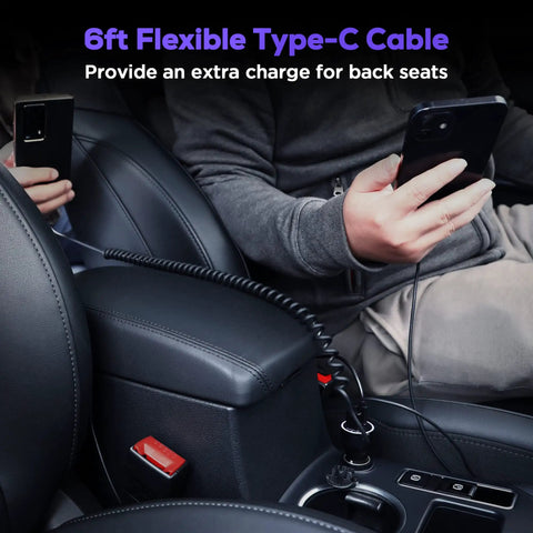 Beast Mode Usb C Car Charger 75W Heavy Duty with 6ft coiled Type-C cable charging devices in car interior.