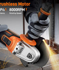Powerful 20V Brushless Cordless Angle Grinder with 4.5 inch disc in use, sparks flying, showcasing 8000 RPM performance.