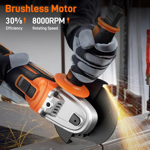 Powerful 20V Brushless Cordless Angle Grinder with 4.5 inch disc in use, sparks flying, showcasing 8000 RPM performance.