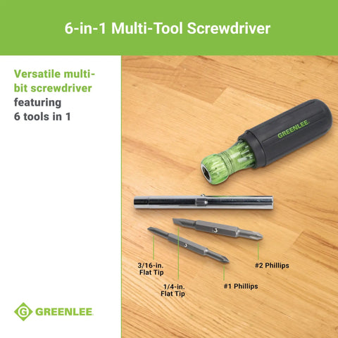 6 In 1 Do It All Tool Screwdriver with Flat Tip Phillips Hex Square Recess and Slotted Bits on wooden surface