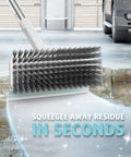Heavy Duty Floor Scrubber With Long Ergonomic Handle And Stainless Steel Wire Bristles For Outdoor Cleaning shown in garage