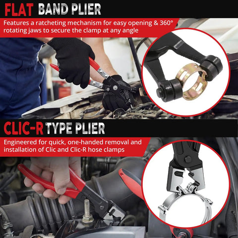 Heavy Duty Electrical Disconnect Pliers Set for Cars, Trucks and SUVs in use for hose clamp removal, includes gloves.