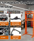 Heavy Duty 30 Ton Hydraulic Shop Press With Press Plates Adjustable Height H-Frame Floor-Standing Auto Repair Press For Garages And Mechanical Workshops Beefy Steel Construction For Reliable Power And Long Lasting Use, displayed in a workshop setting with tools and auto parts around.