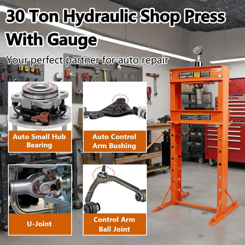 Heavy Duty 30 Ton Hydraulic Shop Press With Press Plates Adjustable Height H-Frame Floor-Standing Auto Repair Press For Garages And Mechanical Workshops Beefy Steel Construction For Reliable Power And Long Lasting Use, displayed in a workshop setting with tools and auto parts around.