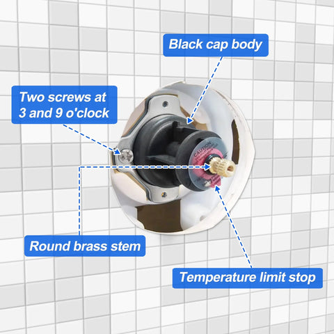 Mixer Balancing Cap Assembly Replacement GP77759 with brass stem and black cap labeled components.