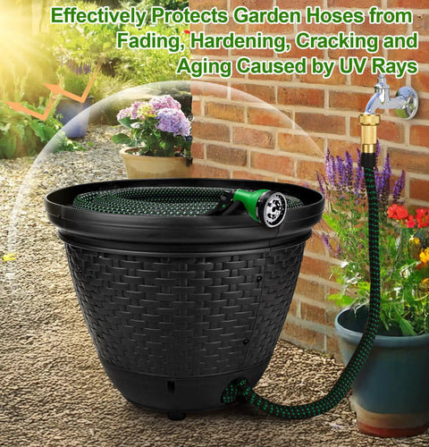 Must Have Decorative Wicker Garden Hose Pot Hideaway That Keeps Hoses Tidy For Outdoor And Garage Hose Holder Fits 100 To 400 Feet Hoses With Five Drain Holes Large Capacity Assembly Required Black in garden setting