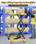 KAFLLA double scissor hydraulic lift table cart with foldable handle; yellow platform, black arms, 330 lb capacity