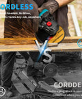 Comparison between cordless and corded angle grinders, highlighting the Pro Grade Cordless 5 Inch Angle Grinder With 21V Brushless Motor.
