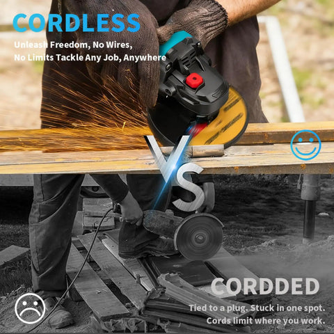 Comparison between cordless and corded angle grinders, highlighting the Pro Grade Cordless 5 Inch Angle Grinder With 21V Brushless Motor.