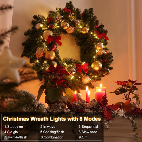 Lit wreath with 4 Pack Battery Operated Outdoor Christmas String Lights With 50 Warm White LEDs On 16.5 Feet Of Dark Green Cable Auto Timer