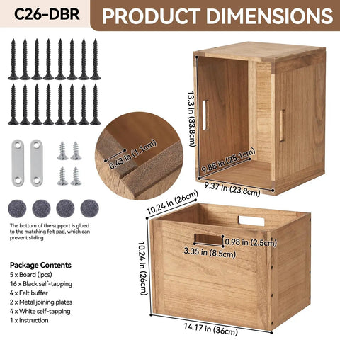 Stackable Wood Storage Cubes For Home And Office Organization Open Cubby Shelves For Books Clothes Toys Bins And Baskets Modular Shelving System shown with product dimensions and assembly components.