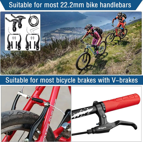 Cyclists on mountain trail with All In One Universal V Brake Set With Levers And Cables for various bikes in detail view