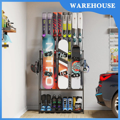 Freestanding Heavy Duty Ski And Snowboard Rack For Garage Storage Holds Four Full Sets Of Gear with skis and boots organized neatly.