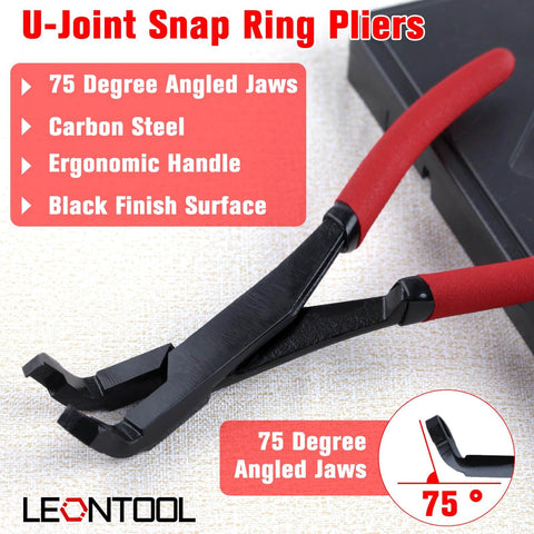 75 Degree Angled U-Joint Snap Ring Pliers With Push Pin Removal Tool for Auto and Medium Duty Vehicles, Hotchkiss Style Rings, black finish