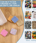 Clear Bead Organizer Kit with 30 small storage containers on wooden surface with beads, screws, seeds, and craft images.