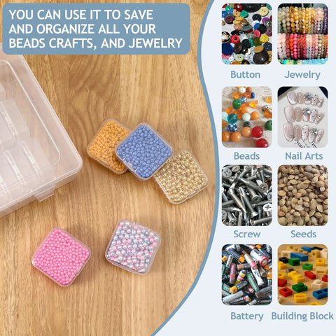Clear Bead Organizer Kit with 30 small storage containers on wooden surface with beads, screws, seeds, and craft images.