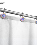 Dope Diamond Crystal Shower Curtain Hooks With Glide Balls Rainbow Color Rustproof Metal Mermaid Rings For Girls 12 Pack Easy Gliding Hardware That Prevents Snags, displaying hooks on a rod.