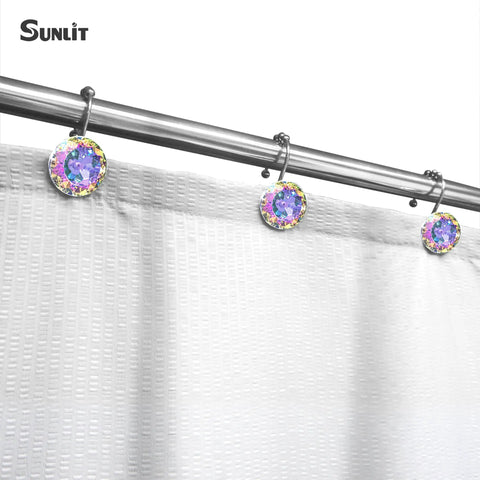 Dope Diamond Crystal Shower Curtain Hooks With Glide Balls Rainbow Color Rustproof Metal Mermaid Rings For Girls 12 Pack Easy Gliding Hardware That Prevents Snags, displaying hooks on a rod.