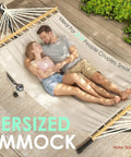 Two Person Double Hammock With Oversized Spreader Wooden Bar And Side Storage For Outdoor And Indoor Use Beige Patio