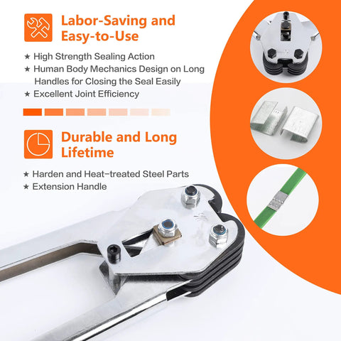 Heavy Duty Banding Tool With Strapping Sealer And Crimper, 20 Inch Extended Handle, Ergonomic Grip Built To Last, Hardened Steel, For 1/2 To 3/4 Inch PP PET Plastic Straps, Easy To Use And Labor Saving Packaging Solution, steel strap seals