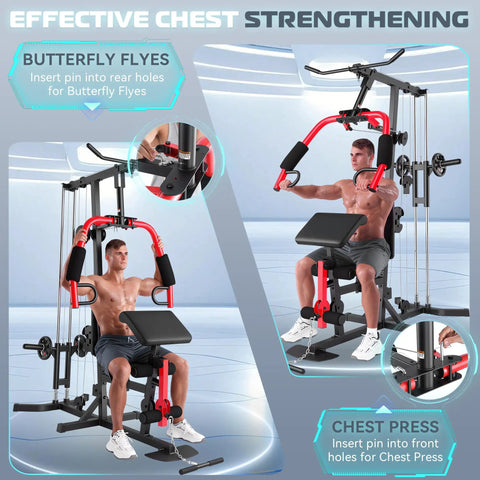 Person using All In One Home Gym Workout Station With Lat Pulldown, Chest Press, And Fly, for butterfly flyes and chest press exercises.