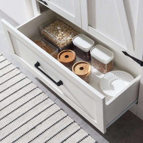 Open drawer in Farmhouse Pantry Cabinet 72 Inch Tall Wood Storage With Adjustable Shelves Barn Style Doors And Drawer All In One Kitchen And Dining Room Organizer In Antique White, storing various kitchen items.