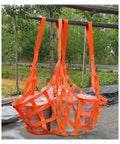 Heavy Duty Cargo Hoisting Net 250x250 Cm with corner straps in use, showcasing orange polyester 15 cm grid hoisting barrels.
