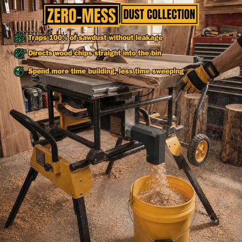 Table Saw Dust Collector Adapter With Dual Hooks For No Fuss Dust Bucket Connection Gravity Feed System And Clog Free Design With Textured Grip For DWE7485 Benchtop Saws in workshop setting, showing dust collection.