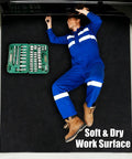 Mechanic under car using Heavy Duty Garage Oil Spill Mat 60 By 72 Inch, Ultra Absorbent Felt Top With Waterproof Rubber Backing