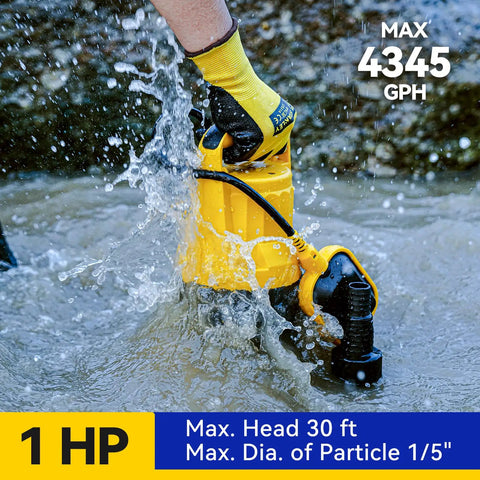 1HP Submersible Sump Pump in action with 4345 GPH flow removing water, auto float switch for hot tubs and pools use, yellow body