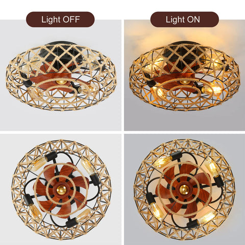 21 Inch Caged Farmhouse Ceiling Fan With Lights Remote Control, Flush Mount Low Profile Design, light off and on views