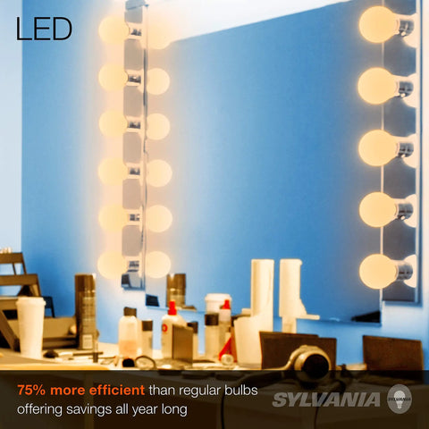 G25 Globe LED Light Bulbs 40W Equivalent illuminating vanity mirror, showcasing 3.5W low power use and frosted soft white 2700K lighting.