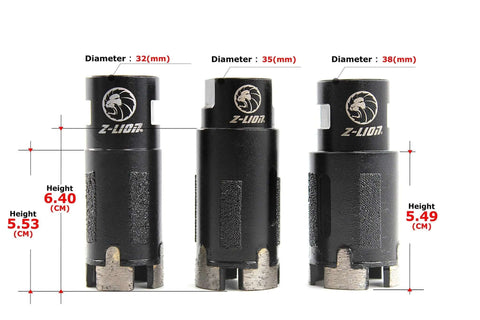 Z-Lion diamond core drill bits for granite/concrete; dry/wet, black metal; 32/35/38 mm diameters, three-piece set.