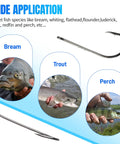 150 PCS J Hooks With Baitholder Long Shank Bait Holder Hook 2 Shank Offset High Carbon Steel For Saltwater And Freshwater Fishing Sharp Point For Maximum Hookup with images of bream, trout, and perch
