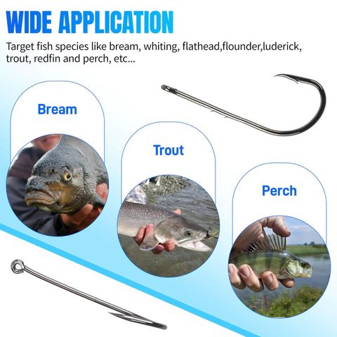 150 PCS J Hooks With Baitholder Long Shank Bait Holder Hook 2 Shank Offset High Carbon Steel For Saltwater And Freshwater Fishing Sharp Point For Maximum Hookup with images of bream, trout, and perch
