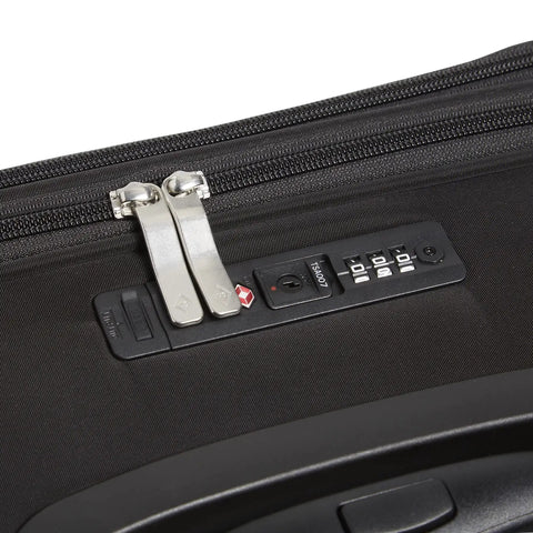 Close-up of zipper and lock on Underseat Rolling Work Bag With USB Charging Port, ID Window and Two Quick-Access Zip Pockets