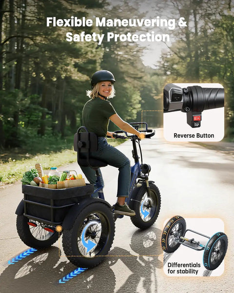Electric Trike For Adults With 960W Peak Power Full Suspension And Reverse Gear Top Speed 15 MPH Sick All Terrain E Trike Built For Comfort Easy Cruising Durable Ride For Everyday Fun, rider with cargo basket and reverse button