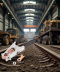 Heavy Duty 500A Welding Ground Clamp with rubber sleeve and insulated handle on railway tracks in warehouse