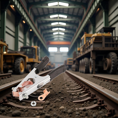 Heavy Duty 500A Welding Ground Clamp with rubber sleeve and insulated handle on railway tracks in warehouse