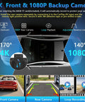Wireless CarPlay Dash Cam Tablet 10.26 Inch With 4K Front Cam And 1080P Rear View Backup Cam Bluetooth 5.0 FM Radio Hands Free Voice Assistant Android Auto 64GB TF Card Included showing camera angles and features.