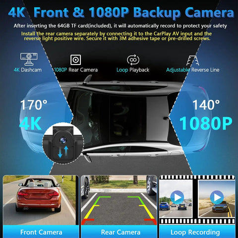Wireless CarPlay Dash Cam Tablet 10.26 Inch With 4K Front Cam And 1080P Rear View Backup Cam Bluetooth 5.0 FM Radio Hands Free Voice Assistant Android Auto 64GB TF Card Included showing camera angles and features.