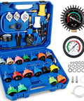Grease Monkey Ready 33 Piece Cooling System Pressure Tester Kit With 23 Radiator Adapters in blue carrying case and gauges.