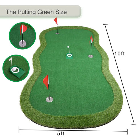 Real Deal Golf Putting Green Mat For Indoor Outdoor Practice 5x10ft Large Pro Training Surface with True Roll Grass and Flags