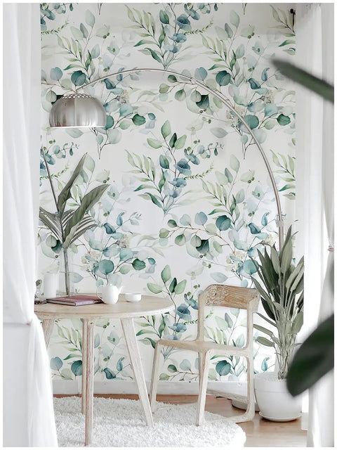 Peel And Stick Boho Wallpaper Green White Botanical Leaf Floral Wall Mural Vibe in modern living room with plants