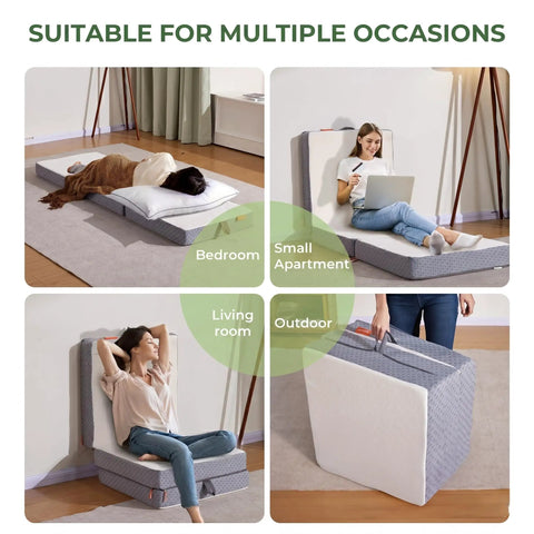 Comfy Tri Fold 4 Inch Mattress Topper Medium Firm Portable Foldable Bed Topper in various setups for room use and portability